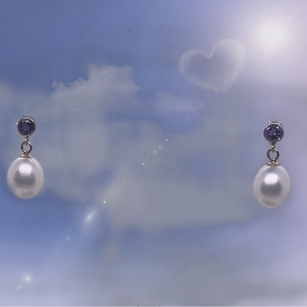 Freshwater Cultured Pearl Drop Earrings w/Natural Amethyst Accents - Picture 2 of 4